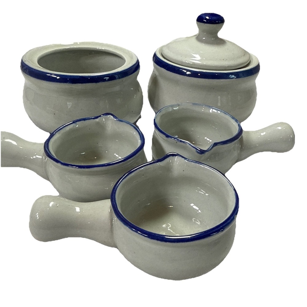VTG Stoneware Crock French Onion Soup Cream & Blue with Handle Six Pieces